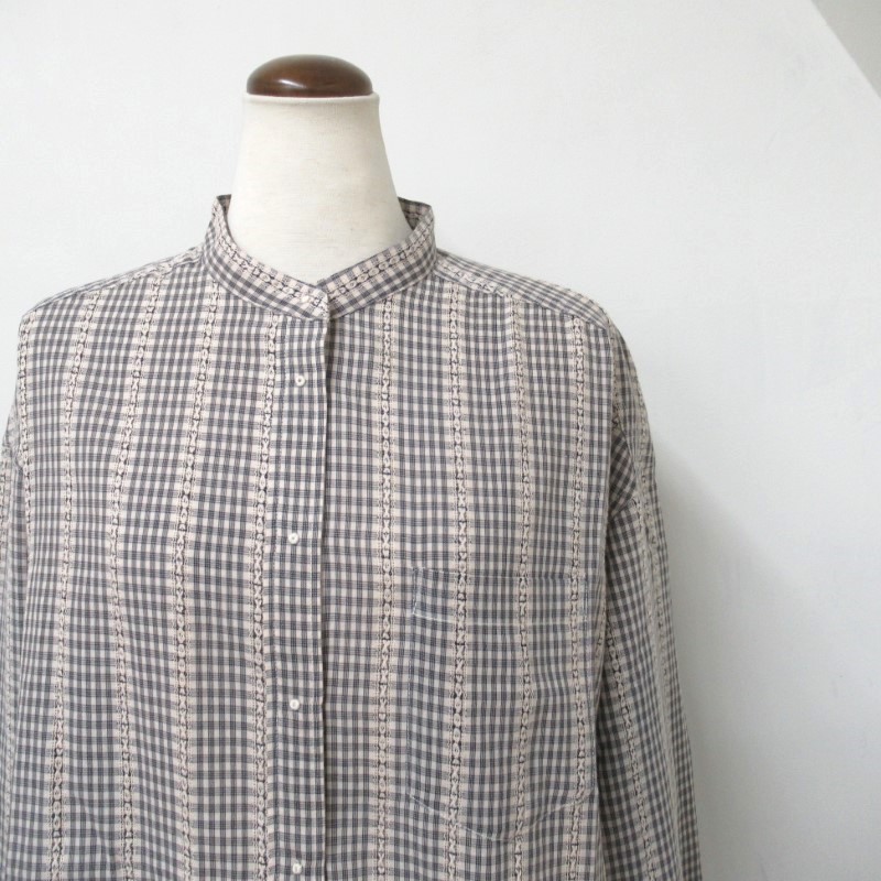 PONT DE CHALONS バンドカラー刺繍釦シャツ/BKチェック89